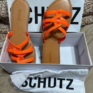 Schutz Lyra Slide Neon Orange Leather Sandal NEW NWT​
